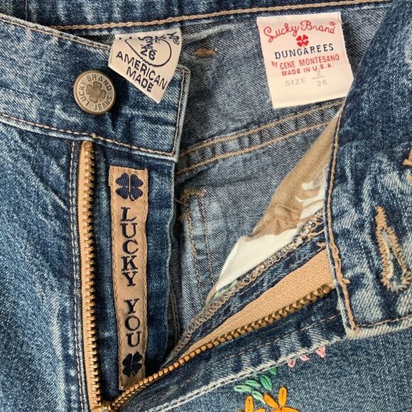 Vintage Lucky Sz 2 Y2K Dungarees Low Rise Flare Jeans Floral Hand Embroidery - Picture 4 of 9